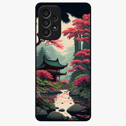Crimson Temple View Glass Case showing flat back view with temple inspired artwork and glossy glass finish.