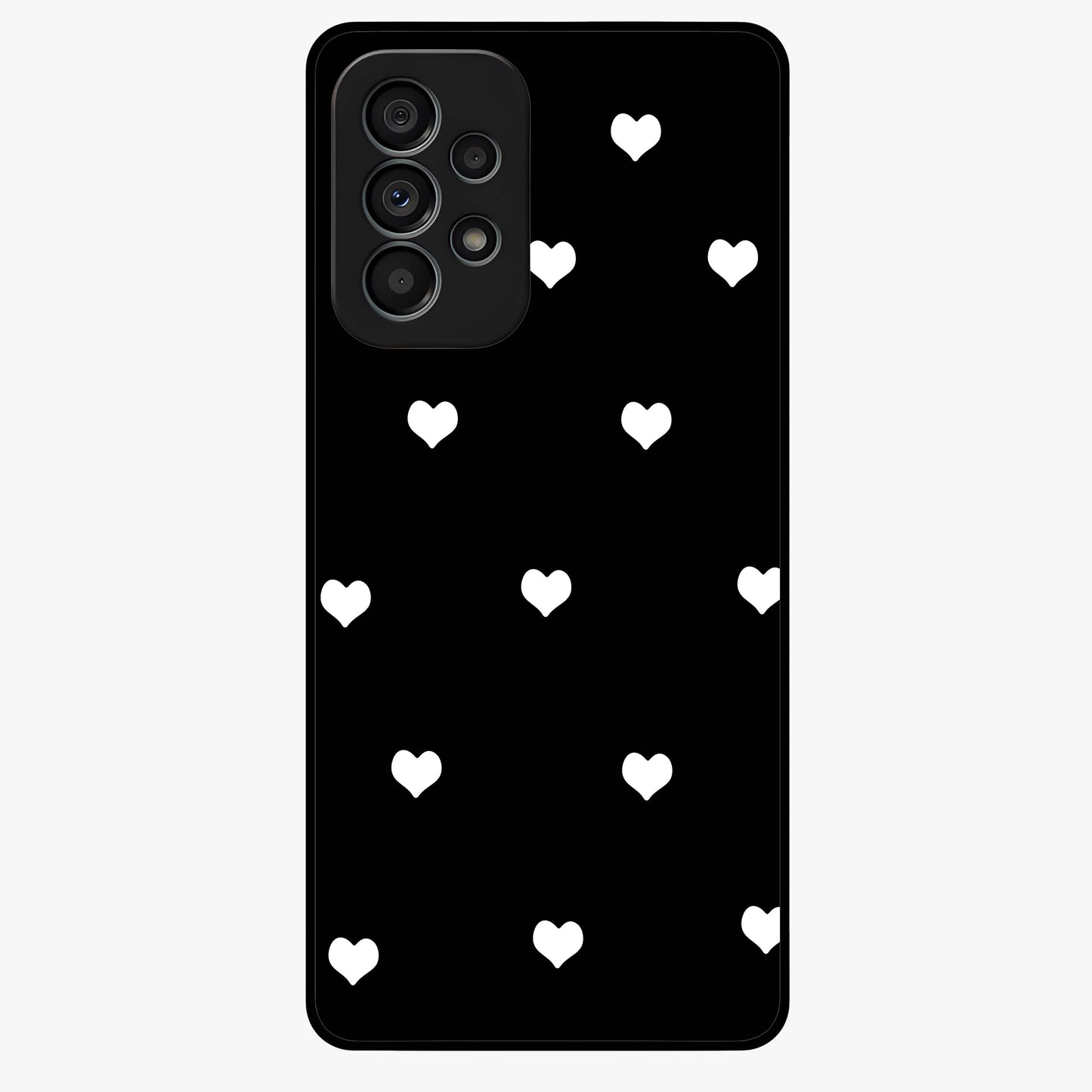 Cute And Simple White Hearts Glass Case showing flat back view with minimal white heart pattern and glossy glass finish.