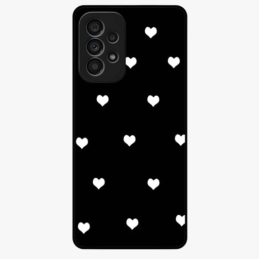 Cute And Simple White Hearts Glass Case showing flat back view with minimal white heart pattern and glossy glass finish.