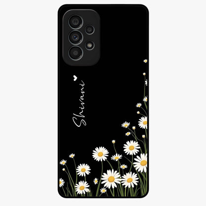 Daisy Cascade Custom Name Glass Case showing flat back view with cascading daisy flowers and personalized name design.