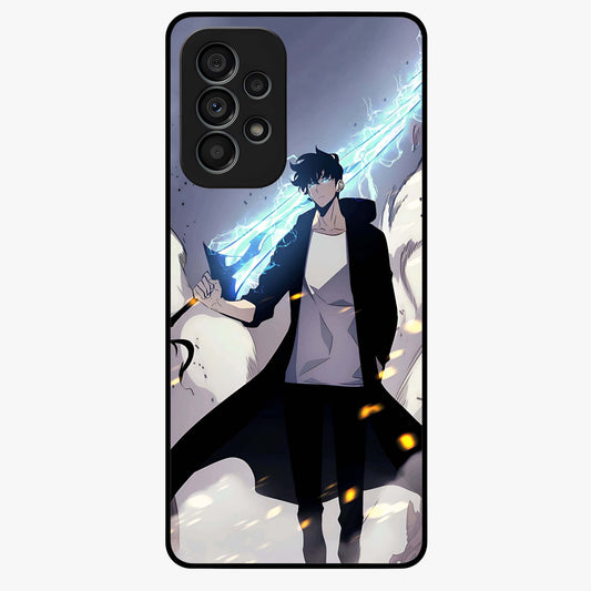 Dark Lightning Anime Warrior Glass Case showing flat back view with intense anime warrior artwork and glossy glass finish.