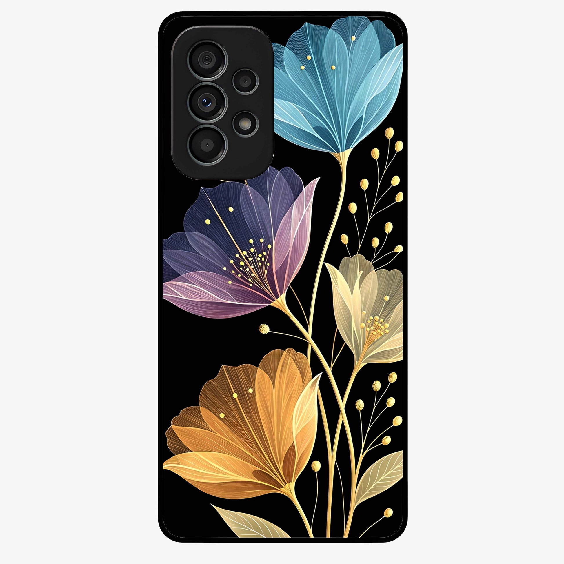 Delicate Multicolor Flowers Glass Case showing flat back view with vibrant floral artwork and glossy glass finish.