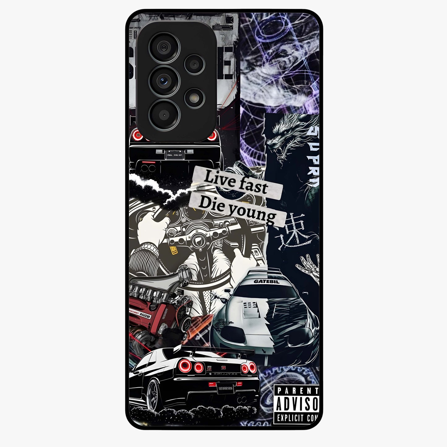 Die Young Glass Case showing flat back view with bold artistic typography design and glossy glass finish.