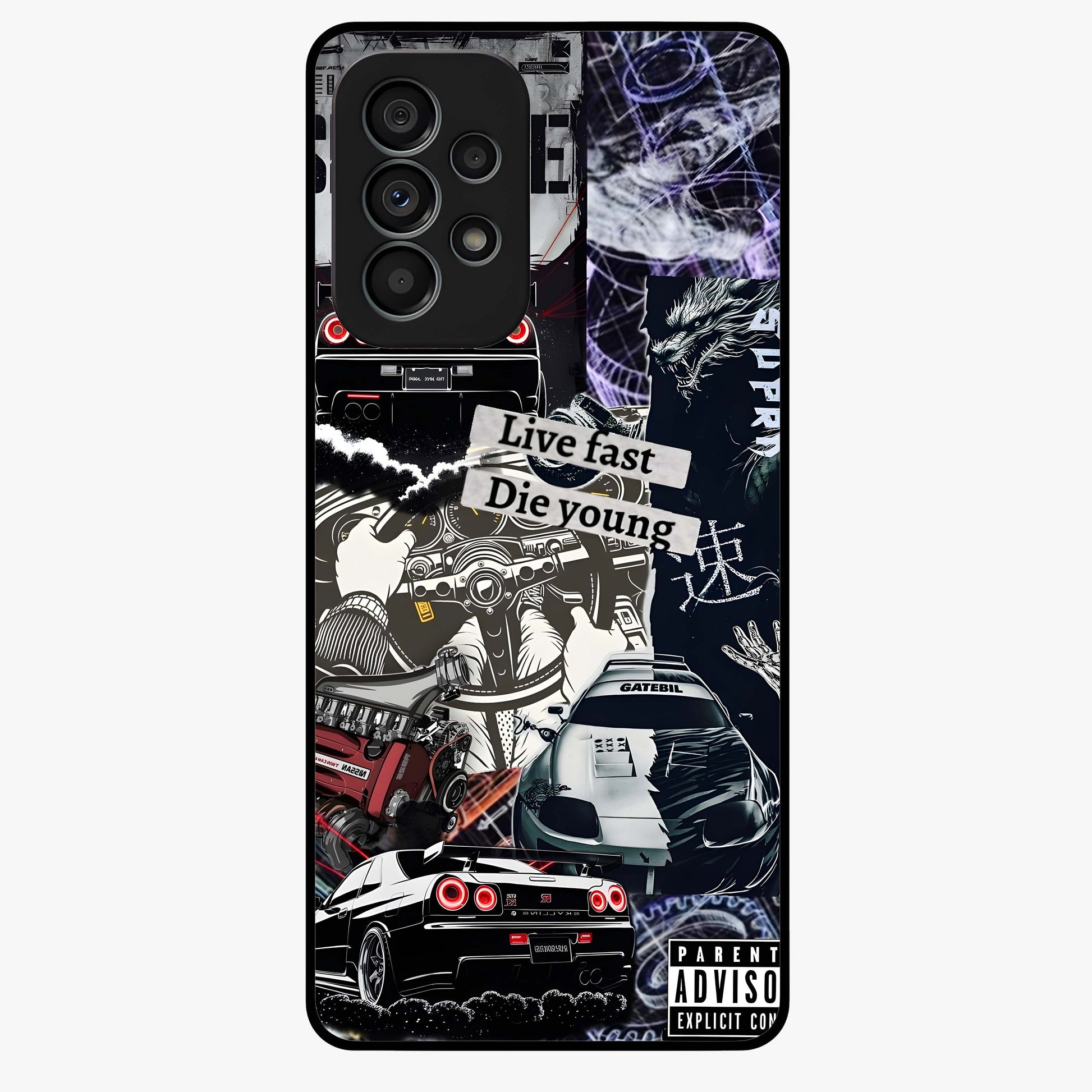 Die Young Glass Case showing flat back view with bold artistic typography design and glossy glass finish.