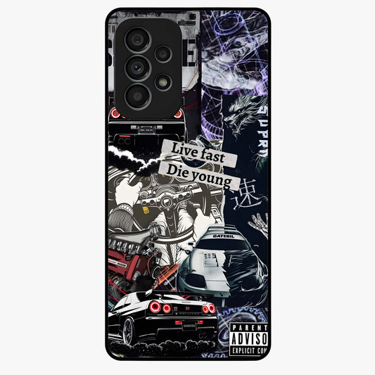 Die Young Glass Case showing flat back view with bold artistic typography design and glossy glass finish.