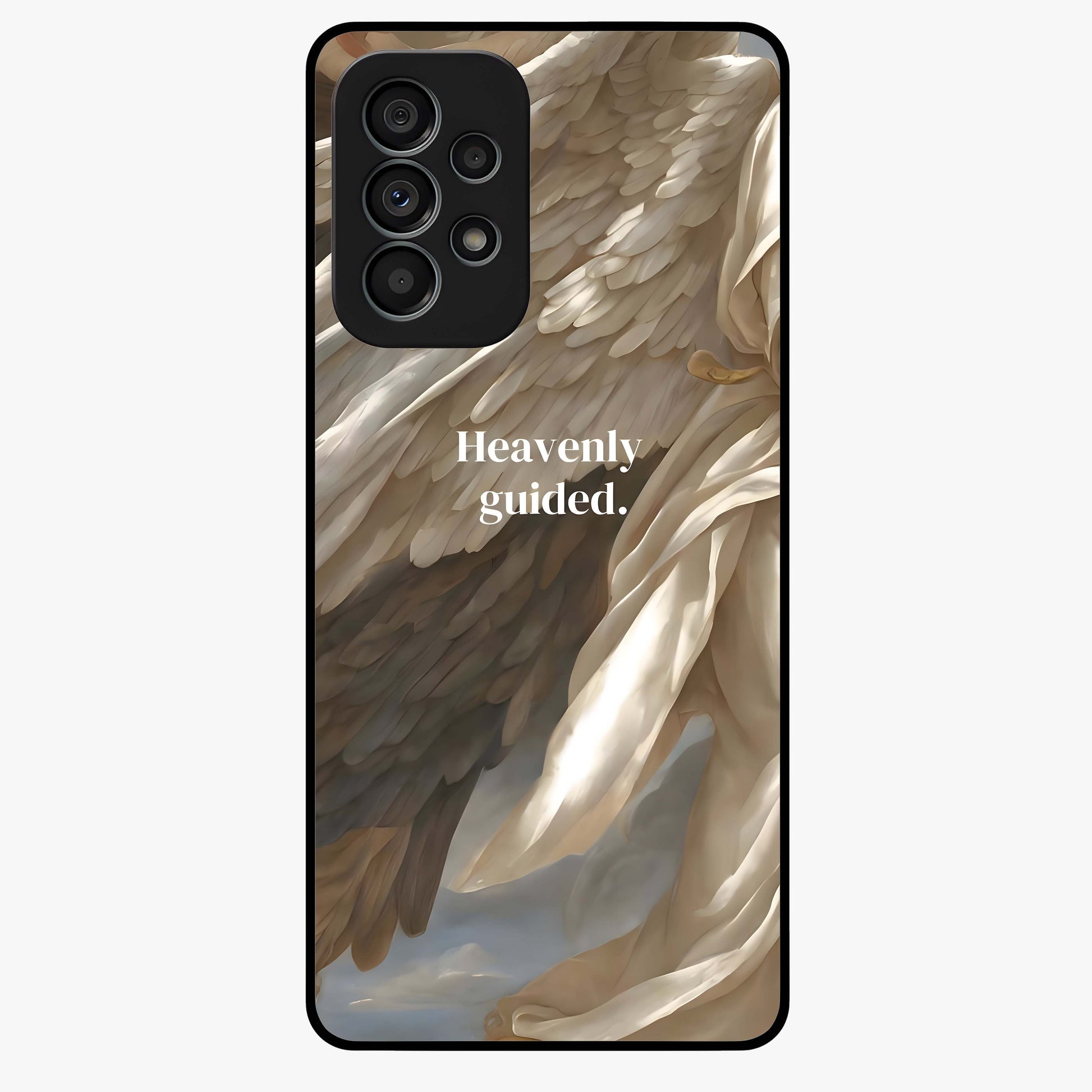Divine Winged Grace Glass Case showing flat back view with elegant wing inspired artwork and glossy glass finish.