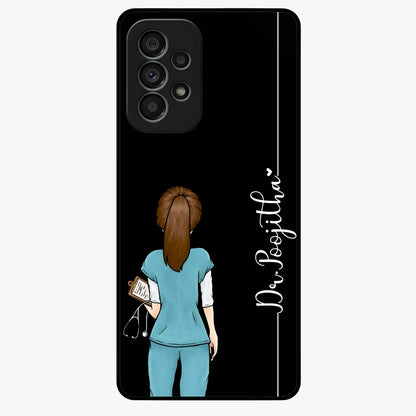 Doctor Pattern Custom Name Glass Case showing flat back view with medical themed pattern and personalized name design.
