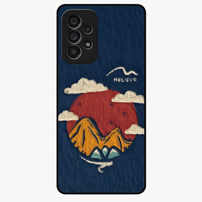 Dream Beyond Mountains Glass Case showing flat back view with scenic mountain landscape artwork and glossy glass finish.
