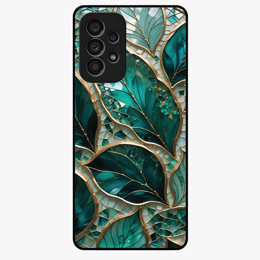 Emerald Leaf Glass Glass Case showing flat back view with emerald green leaf artwork and glossy glass finish.