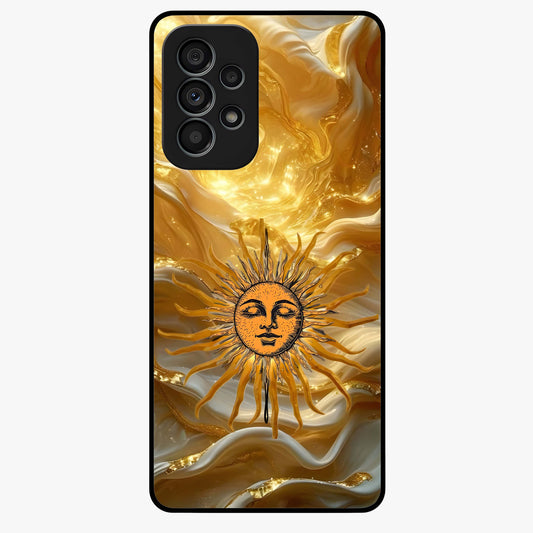 Eternal Golden Glow Glass Case showing flat back view with radiant golden themed artwork and glossy glass finish.