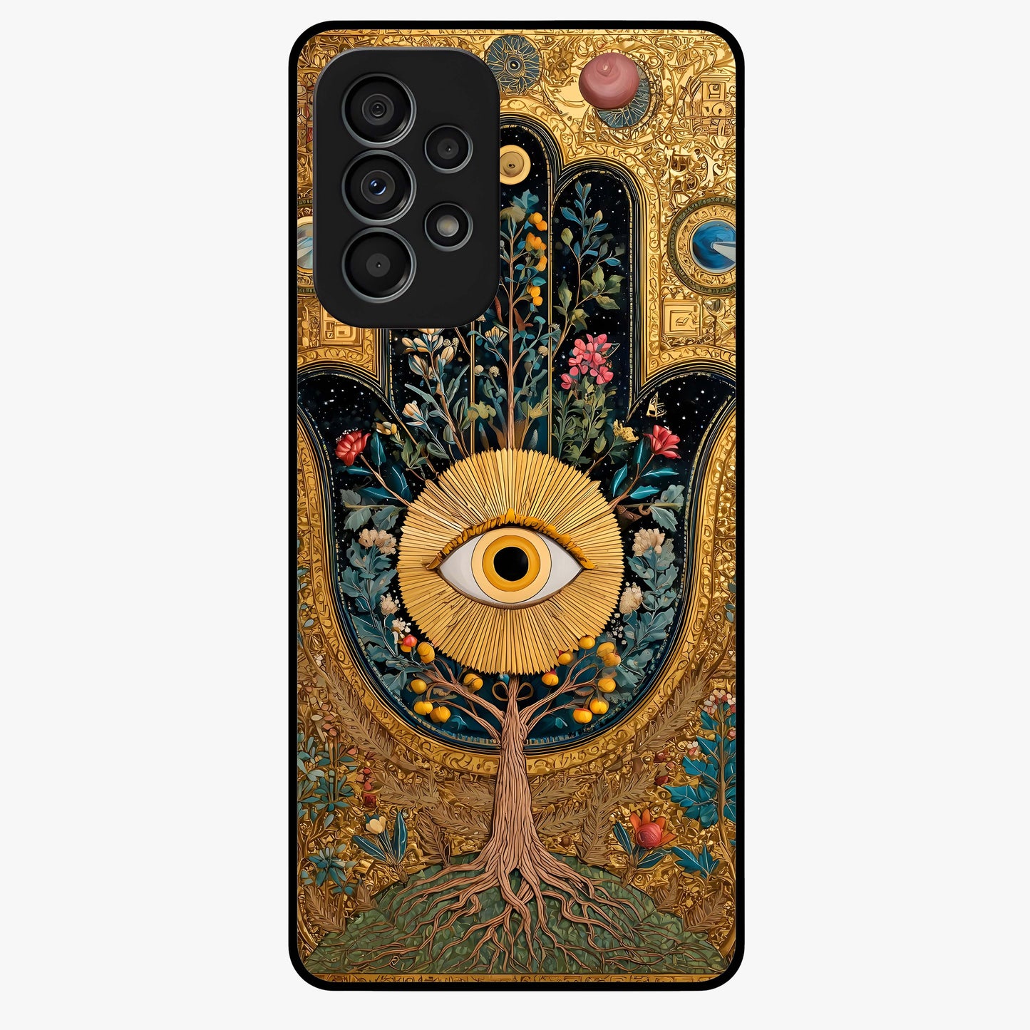 Ethereal Evil Eye Glass Case showing flat back view with mystical evil eye artwork and glossy glass finish.