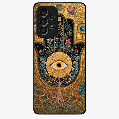 Ethereal Evil Eye Glass Case showing flat back view with mystical evil eye artwork and glossy glass finish.