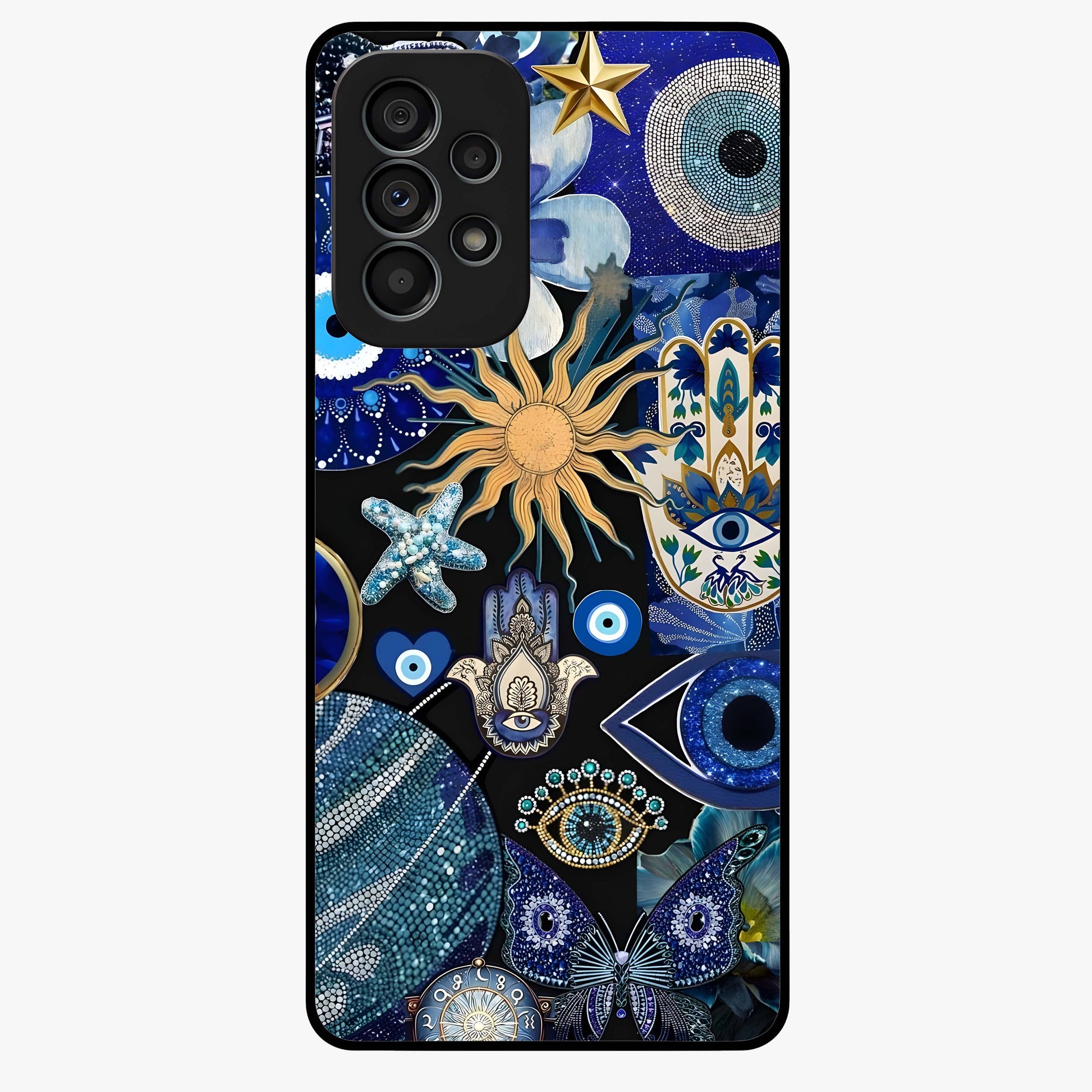 Evil Eye Charm Mix Glass Case showing flat back view with multiple evil eye charms artwork and glossy glass finish.