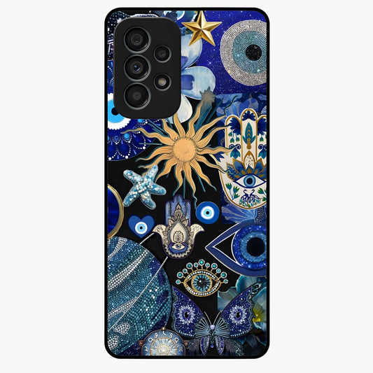 Evil Eye Charm Mix Glass Case showing flat back view with multiple evil eye charms artwork and glossy glass finish.