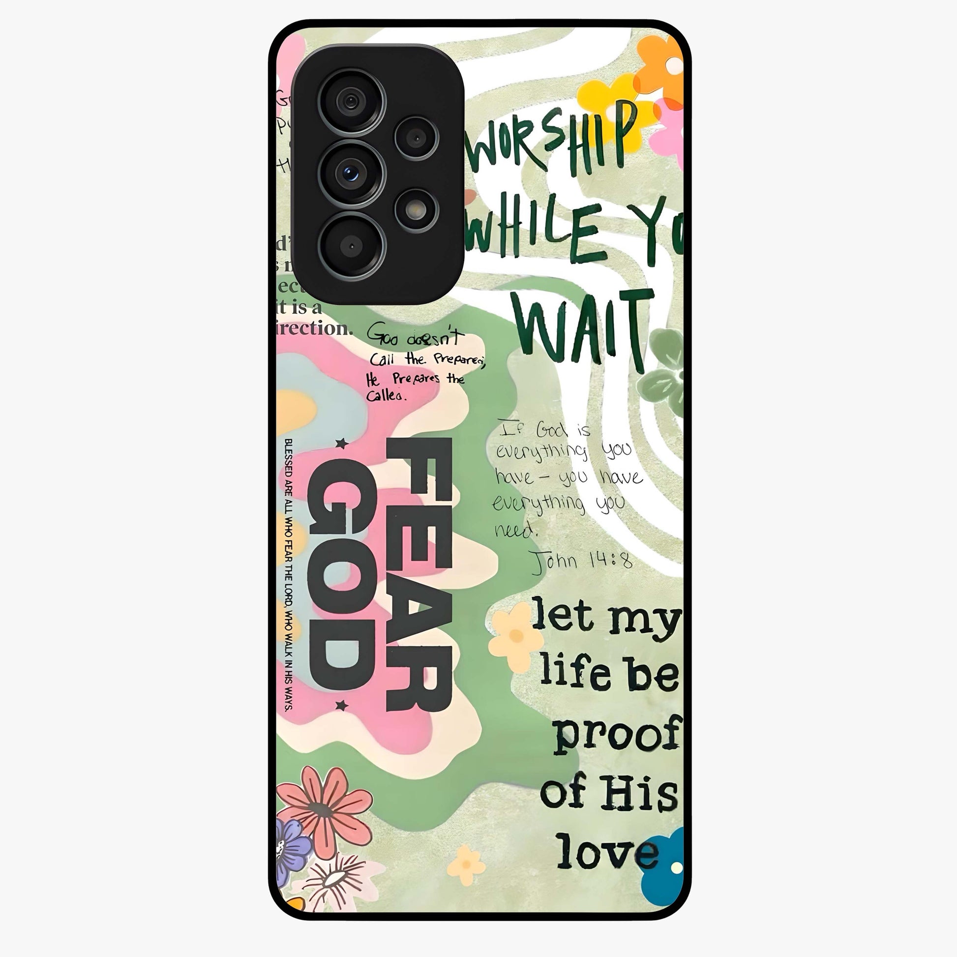 Faith Over Fear Glass Case showing flat back view with motivational typography artwork and glossy glass finish.