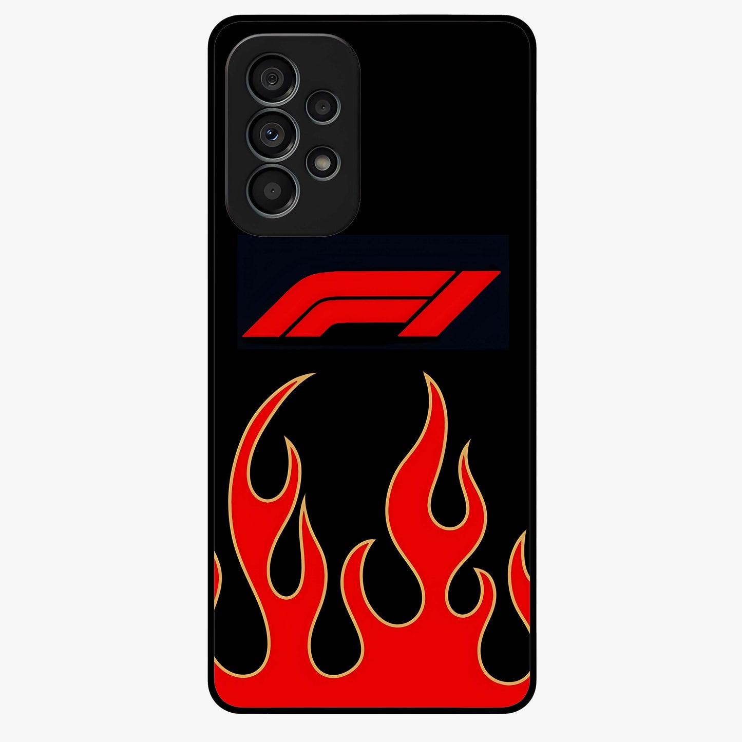 Fire F11 Glass Case showing flat back view with fiery themed artwork and glossy glass finish.