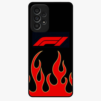 Fire F11 Glass Case showing flat back view with fiery themed artwork and glossy glass finish.