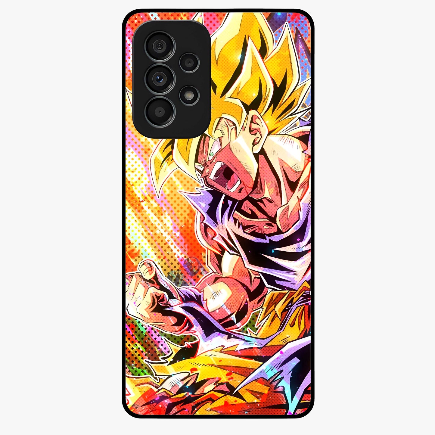 Firing Goku Glass Case showing flat back view with powerful anime inspired artwork and glossy glass finish.