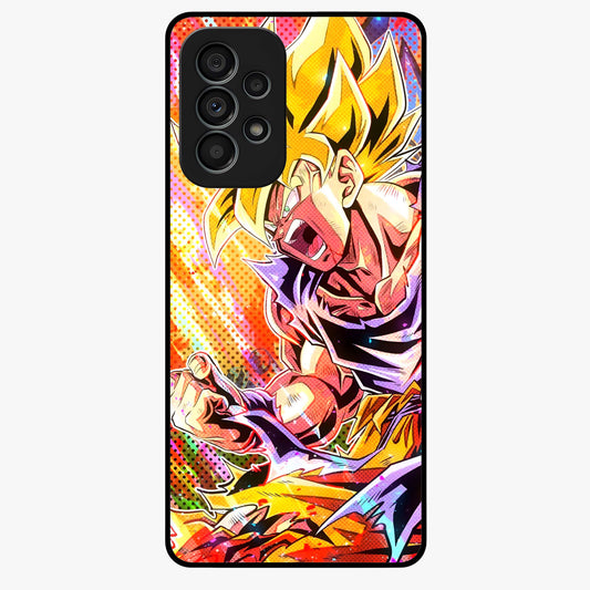 Firing Goku Glass Case showing flat back view with powerful anime inspired artwork and glossy glass finish.
