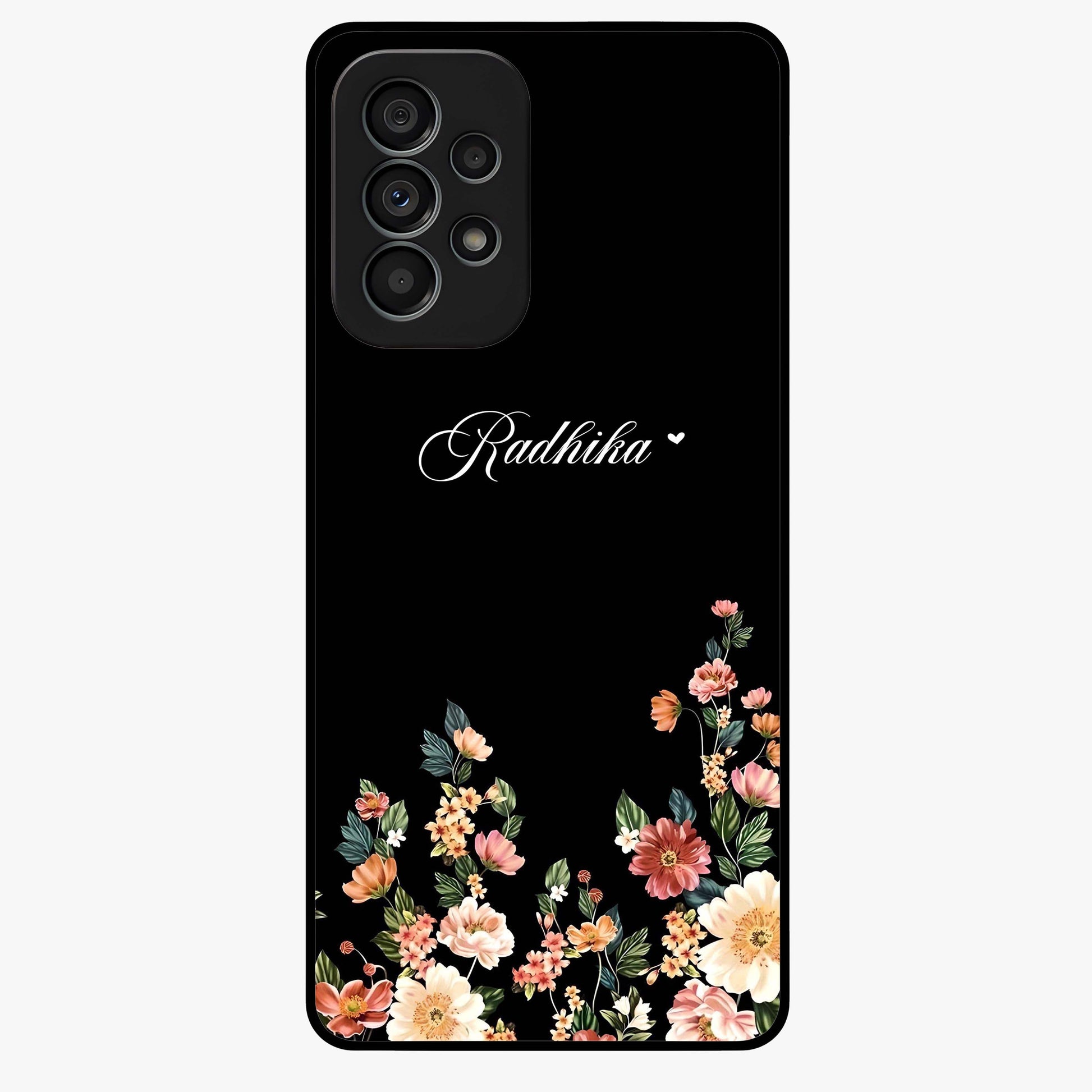 Floral Design With a Custom Personalized Name Glass Case showing flat back view with floral artwork and personalized name design.