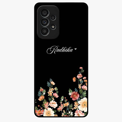 Floral Design With a Custom Personalized Name Glass Case showing flat back view with floral artwork and personalized name design.