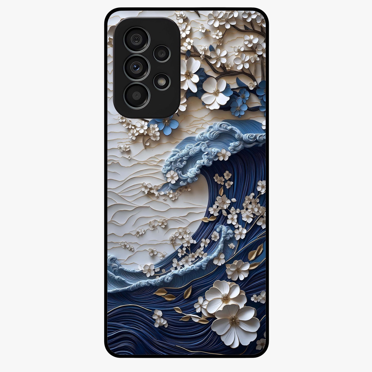 Floral Wave Origami Glass Case showing flat back view with origami inspired floral wave artwork and glossy glass finish.