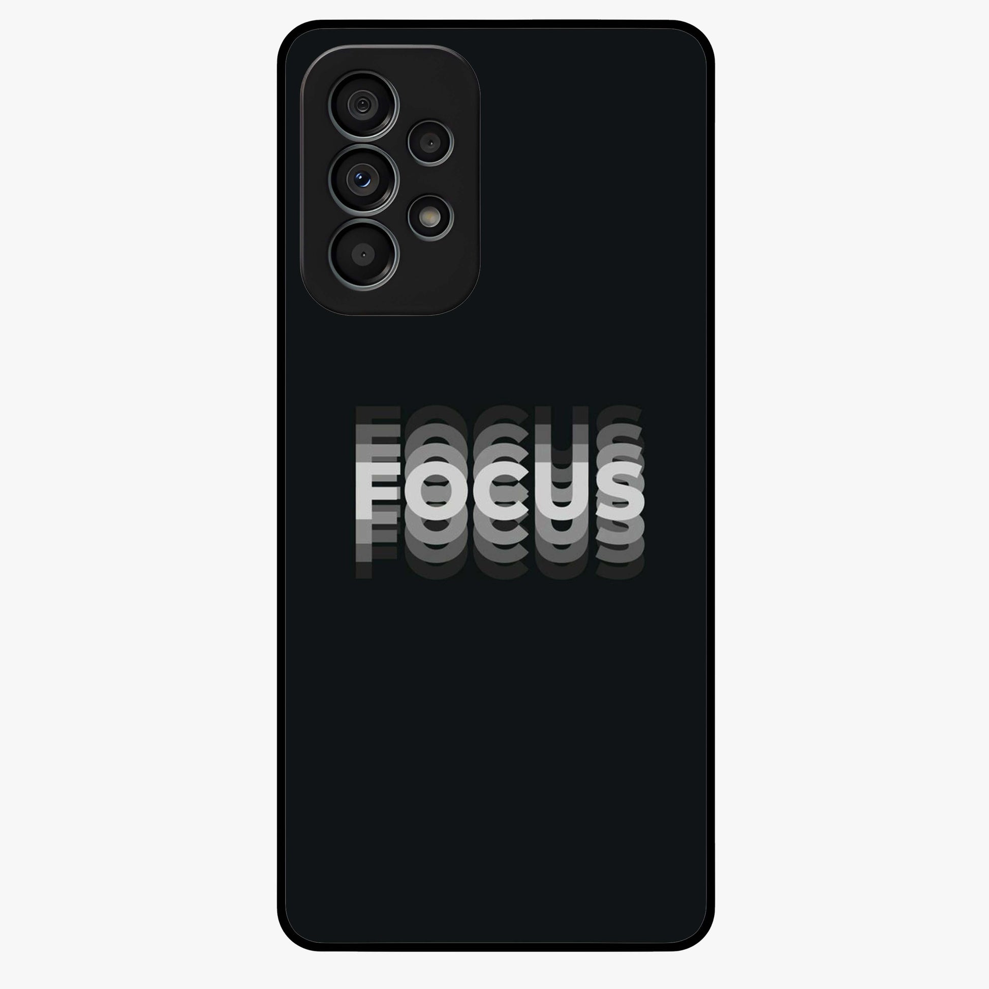 Focus Mode On Glass Case showing flat back view with bold motivational typography design and glossy glass finish.