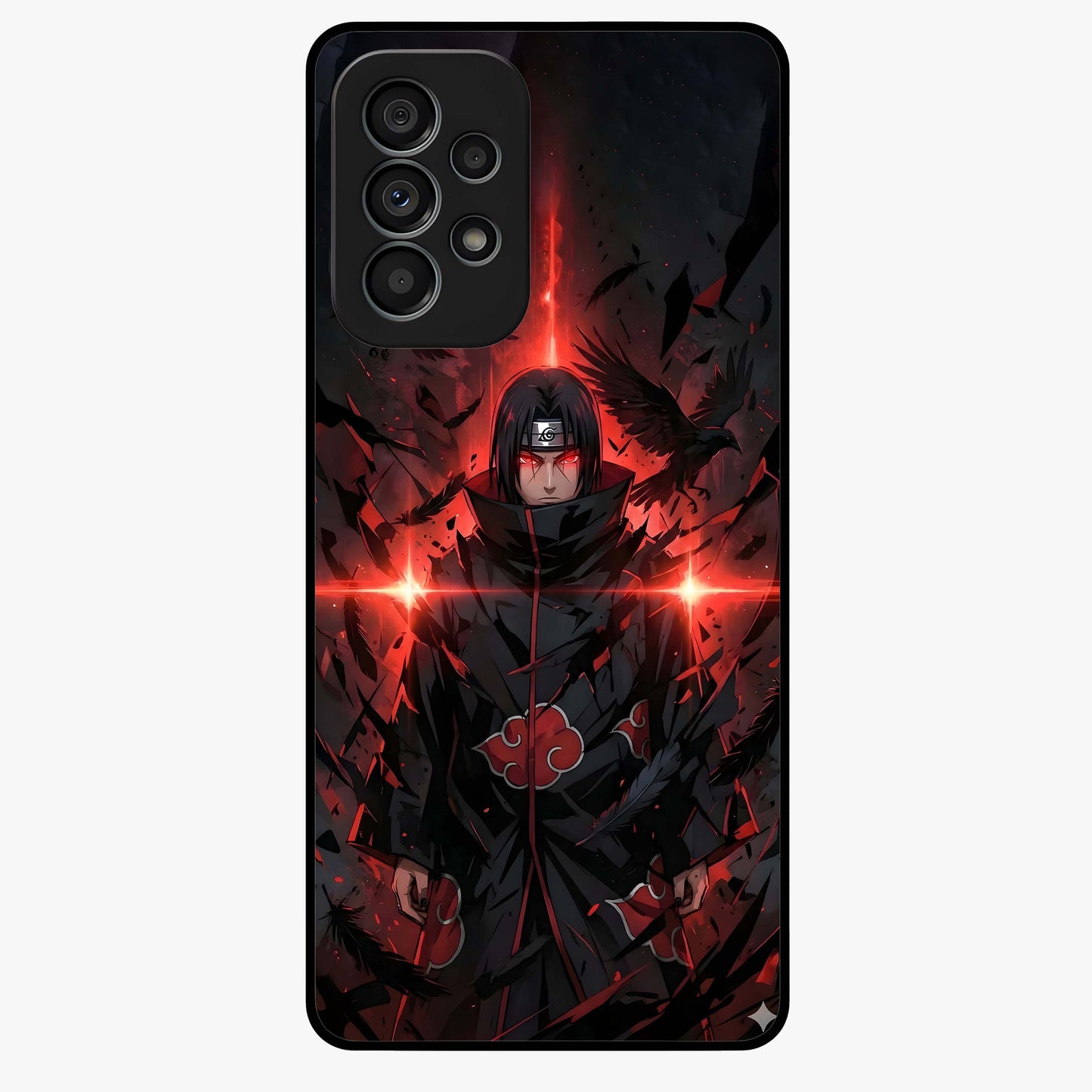 Focused Blade Discipline Glass Case showing flat back view with warrior sword themed artwork and glossy glass finish.