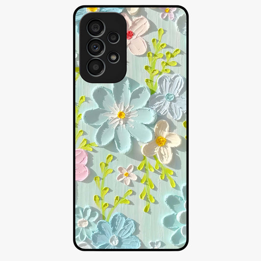 Frosted Petal Garden Glass Case showing flat back view with soft frosted floral artwork and glossy glass finish.