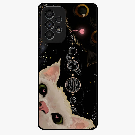 Galactic Cat Glass Case showing flat back view with cosmic cat artwork and glossy glass finish.
