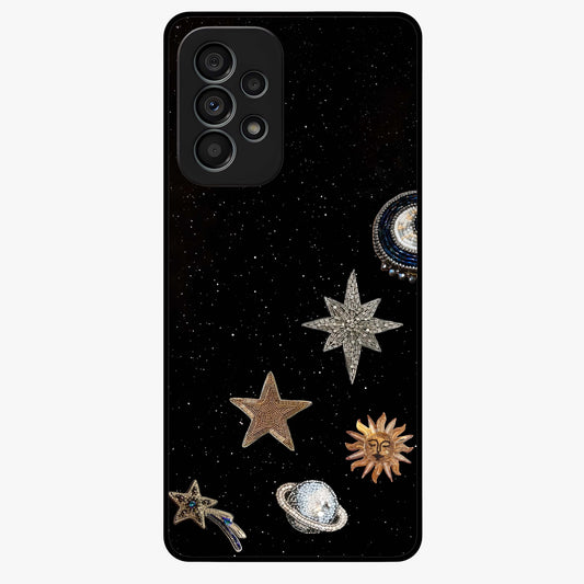 Galactic Charm Glow Glass Case showing flat back view with glowing celestial charm artwork and glossy glass finish.