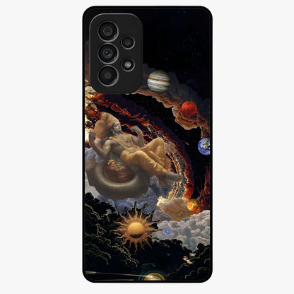 Galactic Divine God Glass Case showing flat back view with divine cosmic themed artwork and glossy glass finish.