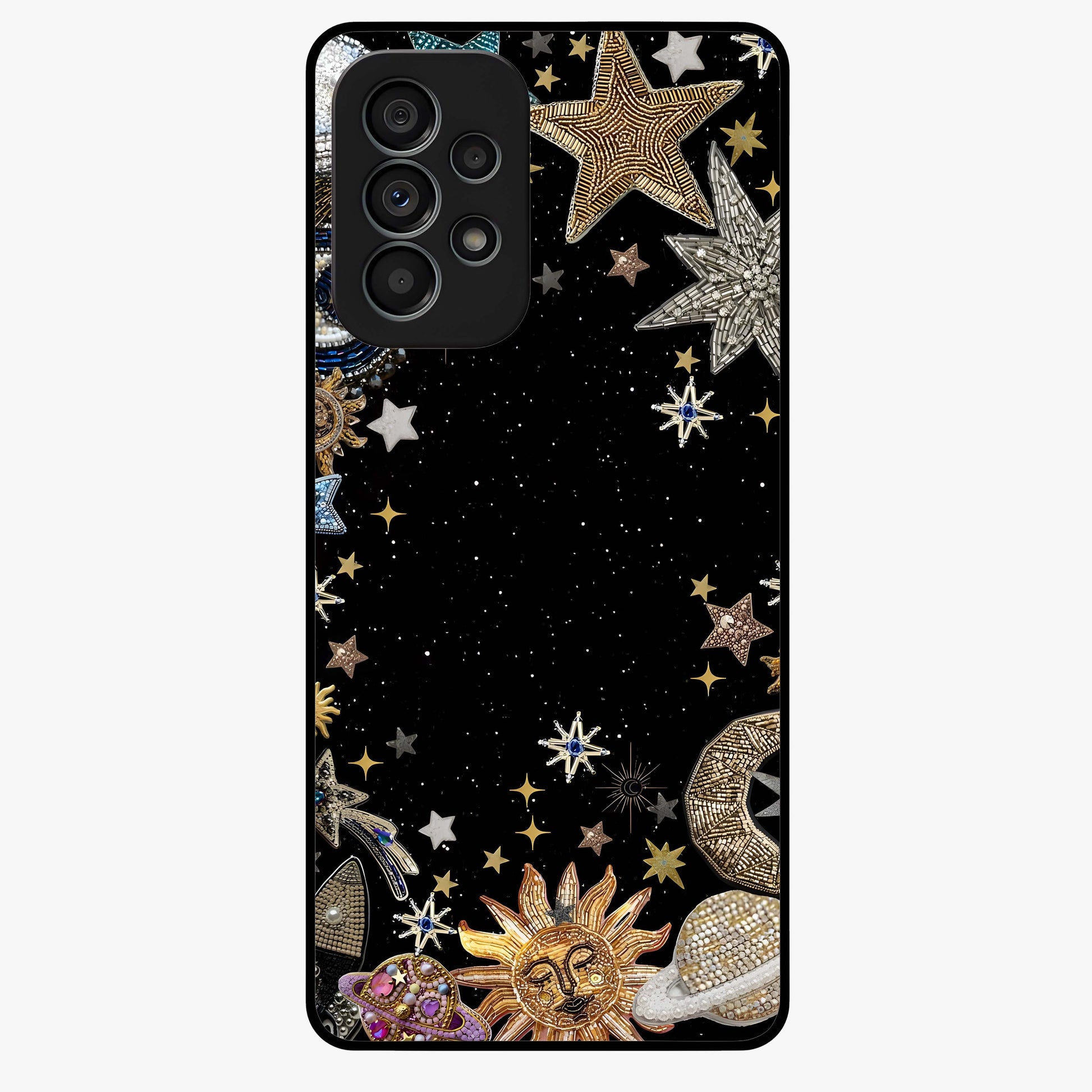 Galactic Jewel Stars Glass Case showing flat back view with sparkling star jewel artwork and glossy glass finish.