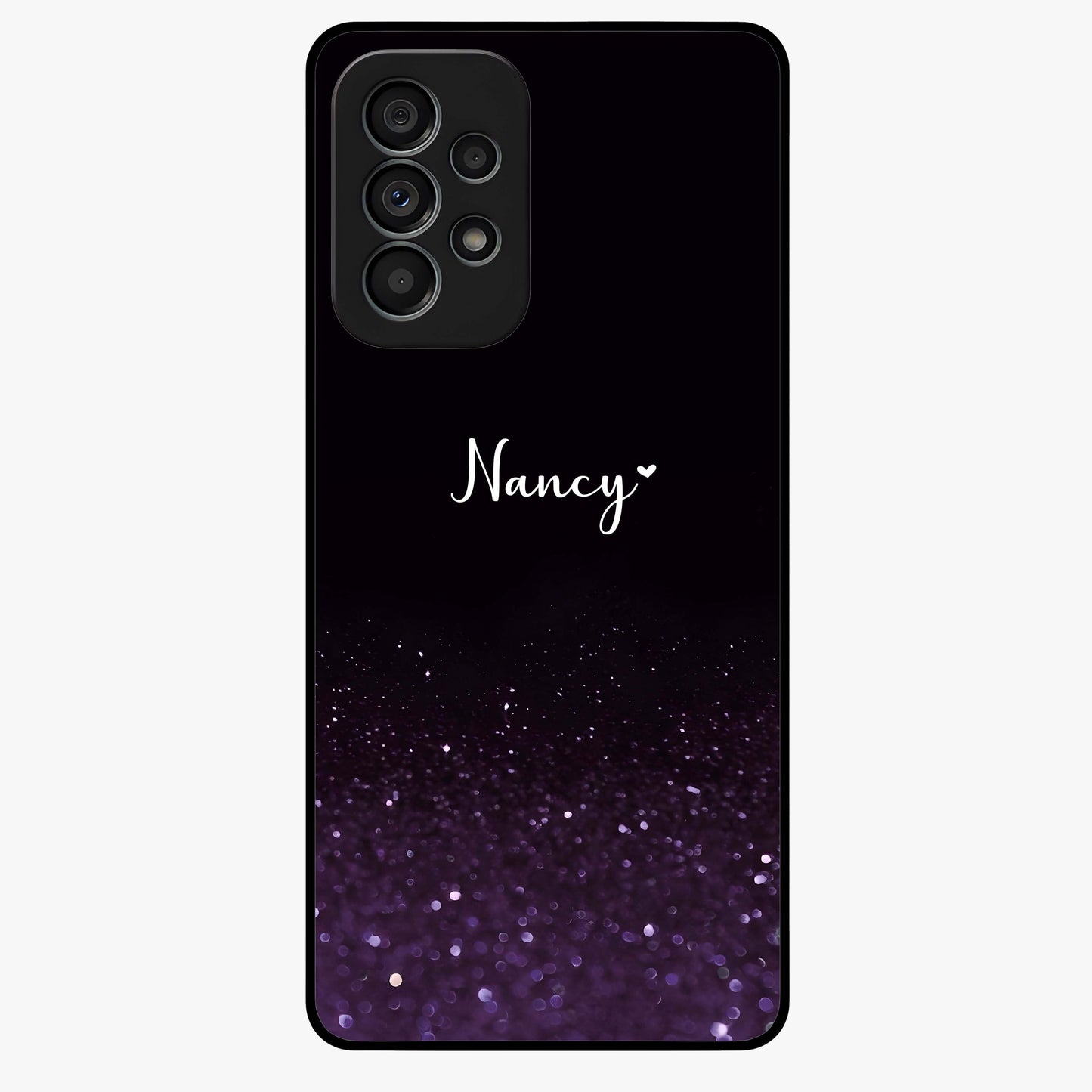 Glittery Purple Bokeh Custom Name Glass Case showing flat back view with purple bokeh sparkle artwork and personalized name design.