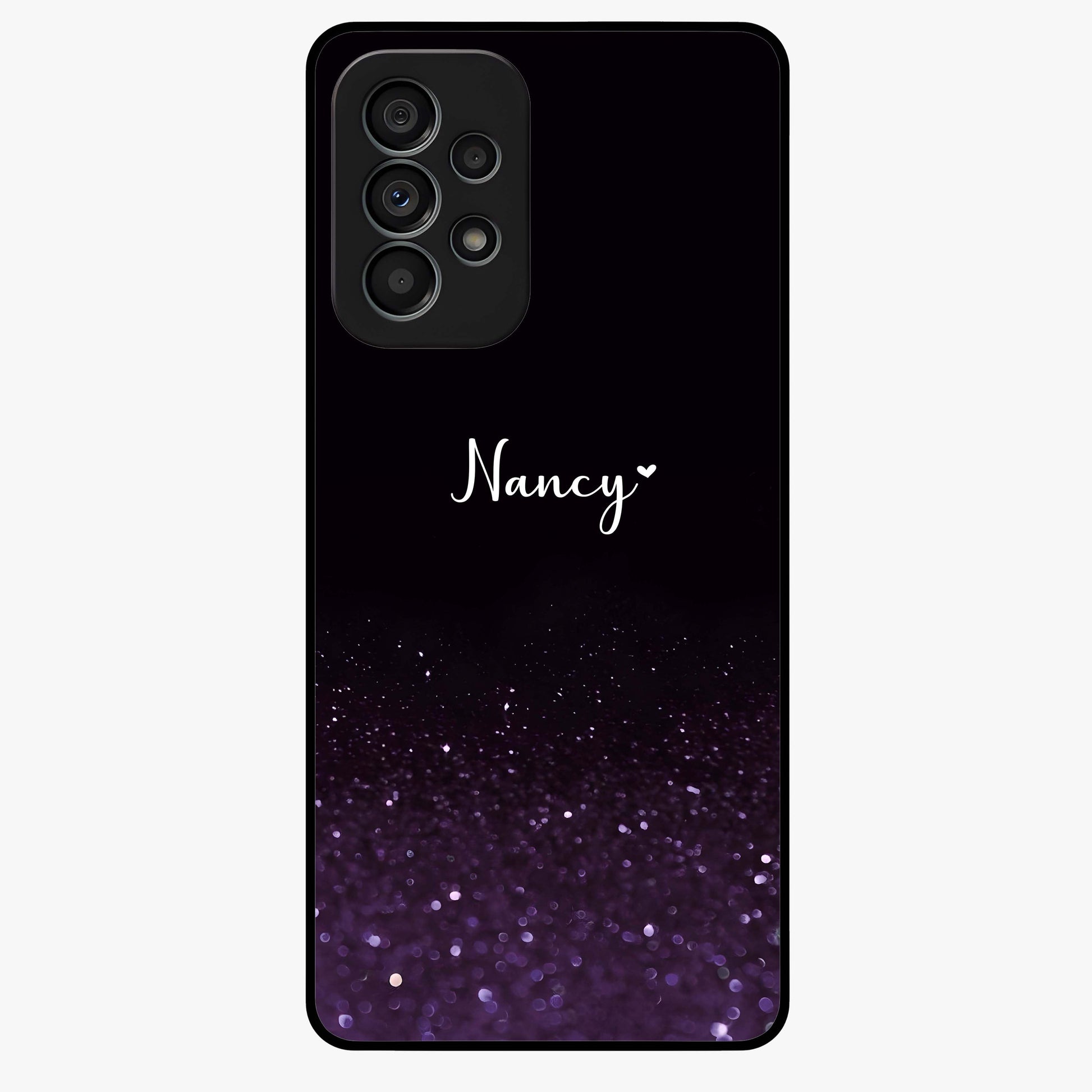 Glittery Purple Bokeh Custom Name Glass Case showing flat back view with purple bokeh sparkle artwork and personalized name design.