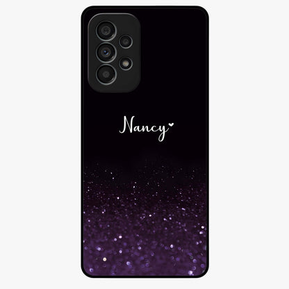 Glittery Purple Bokeh Custom Name Glass Case showing flat back view with purple bokeh sparkle artwork and personalized name design.