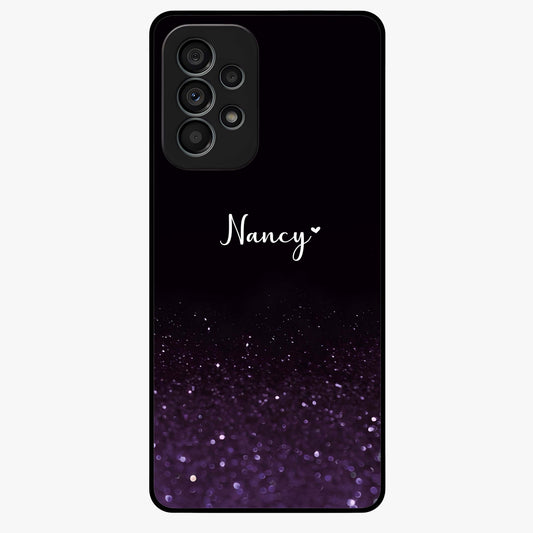 Glittery Purple Bokeh Custom Name Glass Case showing flat back view with purple bokeh sparkle artwork and personalized name design.