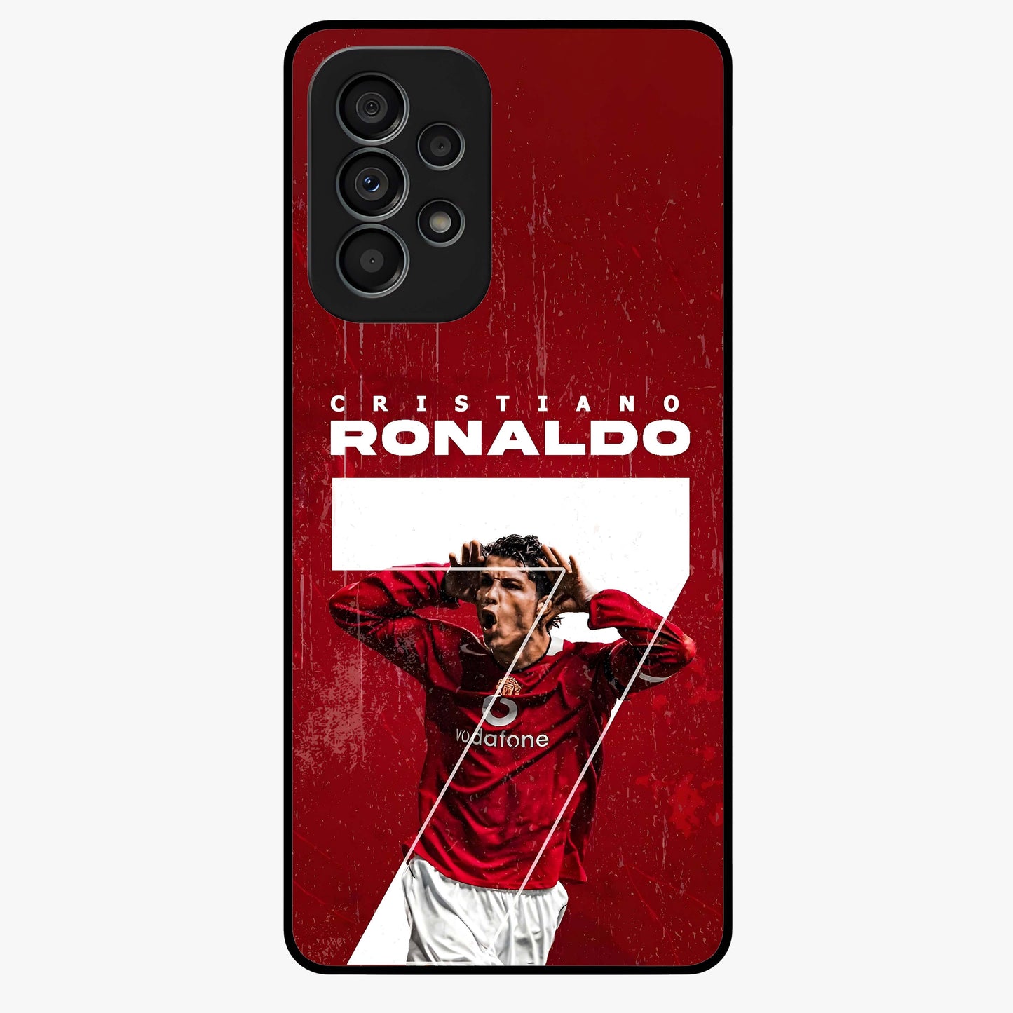 Goal Celebration Legacy Glass Case showing flat back view with football celebration inspired artwork and glossy glass finish.