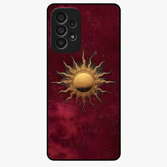 Gold Sun Blush Glass Case showing flat back view with golden sun inspired artwork and glossy glass finish.