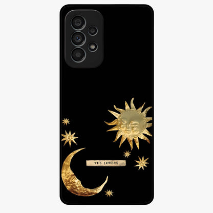 Golden Celestial Charm Glass Case showing flat back view with golden celestial charm artwork and glossy glass finish.