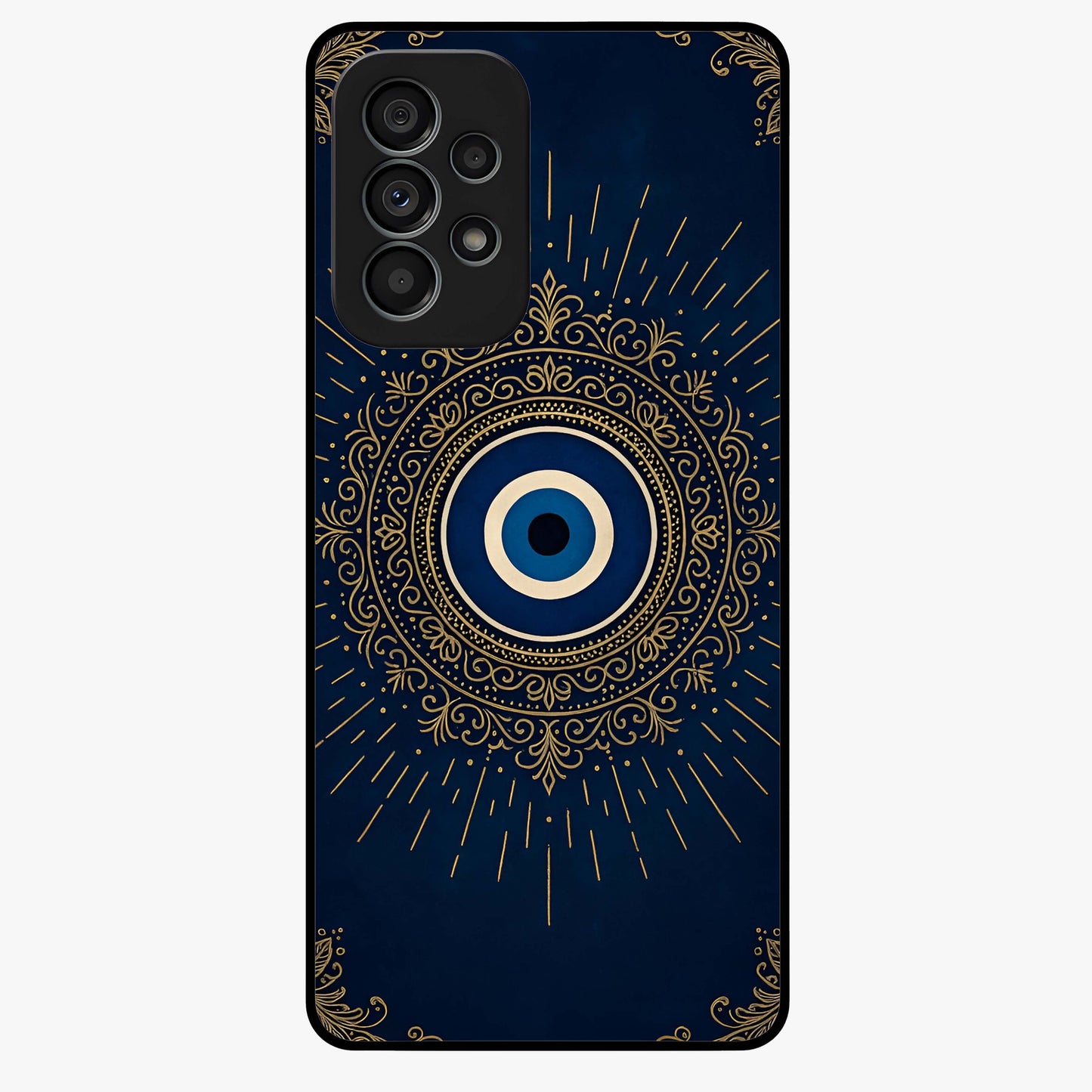 Golden Evil Eye Mandala Glass Case showing flat back view with intricate evil eye mandala artwork and glossy glass finish.