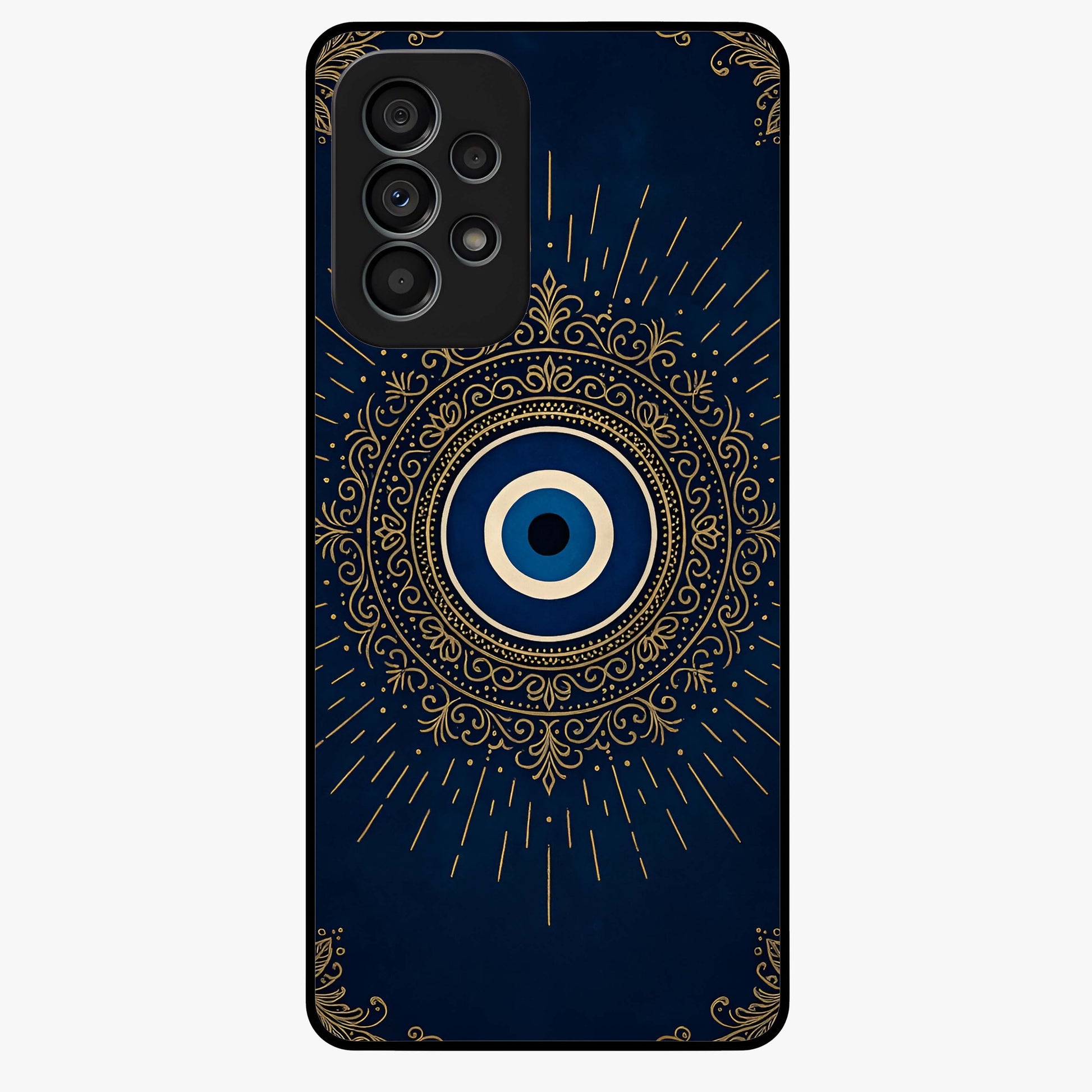 Golden Evil Eye Mandala Glass Case showing flat back view with intricate evil eye mandala artwork and glossy glass finish.