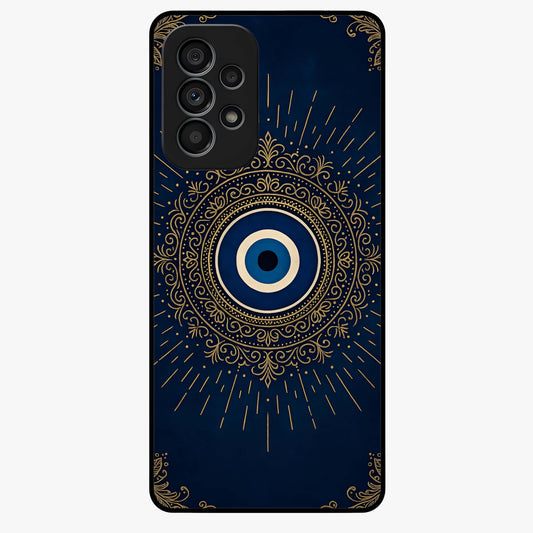 Golden Evil Eye Mandala Glass Case showing flat back view with intricate evil eye mandala artwork and glossy glass finish.