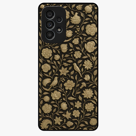 Golden Floral Majesty Glass Case showing flat back view with luxurious golden floral artwork and glossy glass finish.
