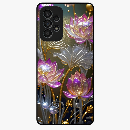 Golden Lotus Glow Glass Case showing flat back view with glowing lotus flower artwork and glossy glass finish.