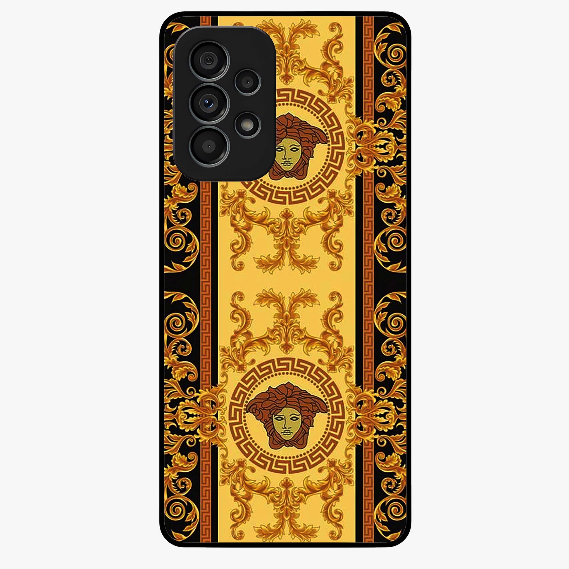 Golden Royal Heritage Glass Case showing flat back view with ornate royal pattern artwork and glossy glass finish.