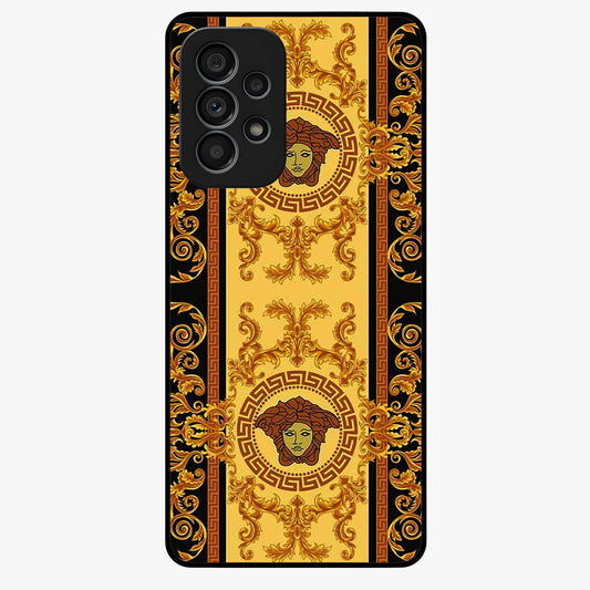 Golden Royal Heritage Glass Case showing flat back view with ornate royal pattern artwork and glossy glass finish.
