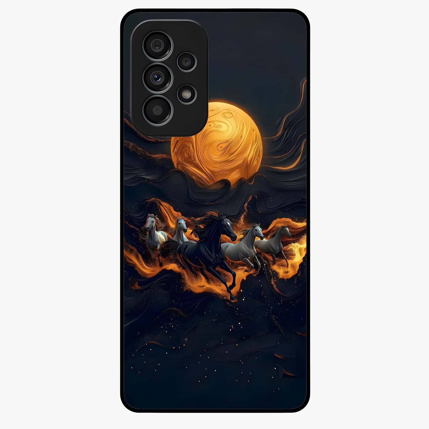 Golden Stallion Moonride Glass Case showing flat back view with majestic horse under moonlight artwork and glossy glass finish.