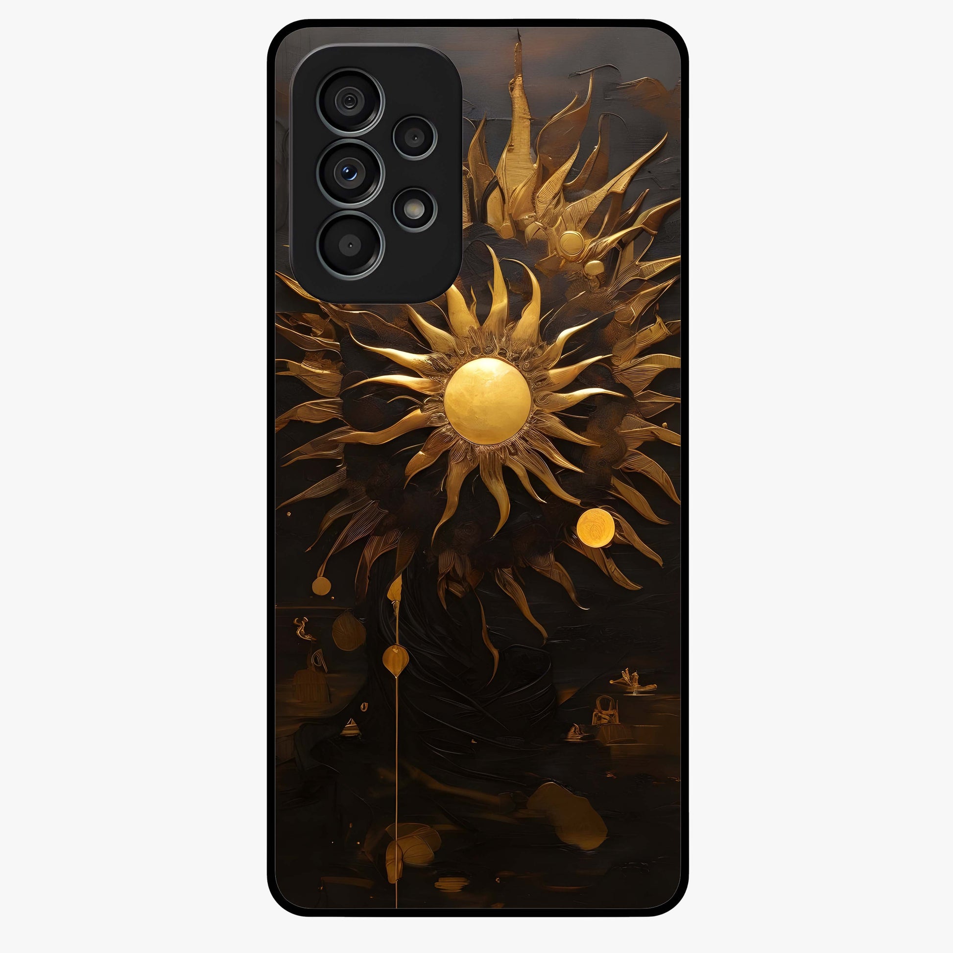 Golden Sun Majesty Glass Case showing flat back view with radiant golden sun artwork and glossy glass finish.