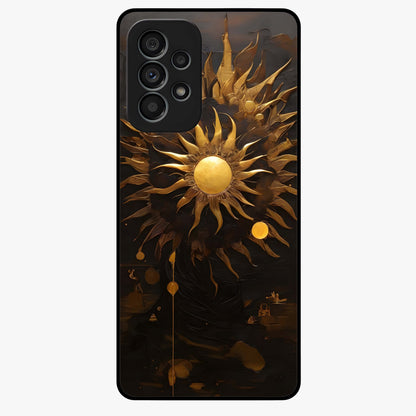 Golden Sun Majesty Glass Case showing flat back view with radiant golden sun artwork and glossy glass finish.